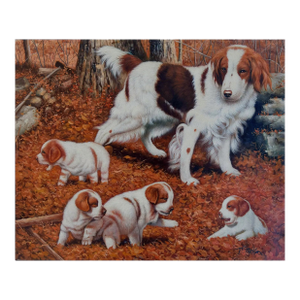 Mid-20th Century Signed T. Parker - Dog With Puppies in Autumn Landscape, Oil on Canvas