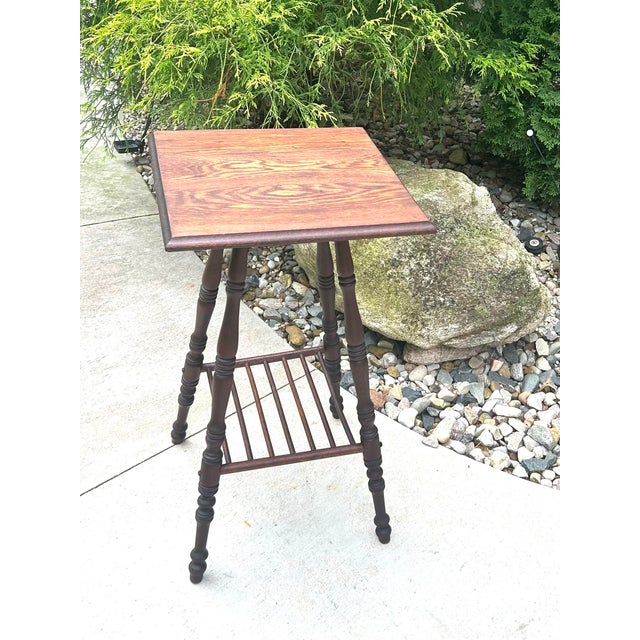 Antique, Dark Oak, Victorian-Style, Accent Table With Spool-Turned Legs and a Slatted Shelf, 1890’s For Sale - Image 4 of 12