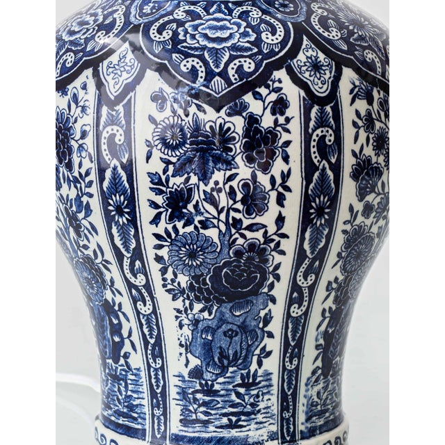 Delft Blue Ceramic Table Lamps with Persimmon Silk Shades from Boch Frères, 1960s, Set of 2 For Sale - Image 15 of 18
