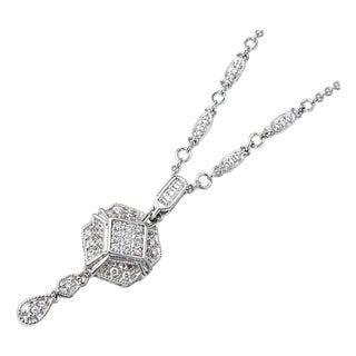 14K White Gold Diamond Lariat Station Antique Necklace For Sale
