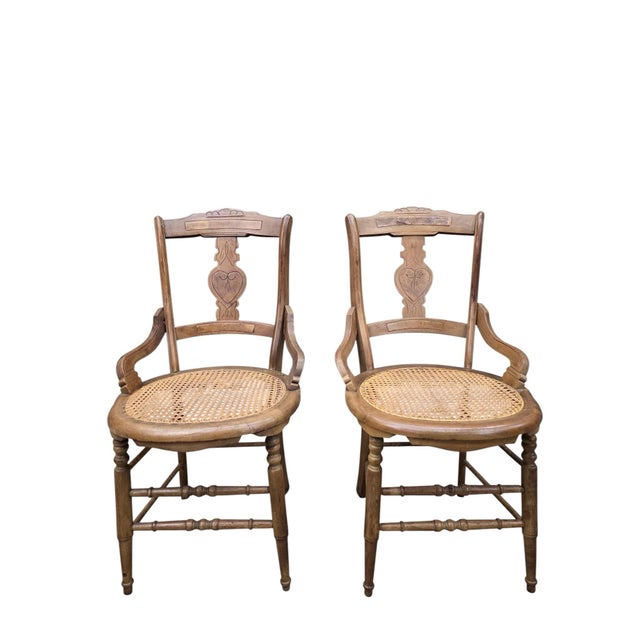 Wood Antique French Provincial Oak Dining Armchairs With Cane Seats - Set of 5 For Sale - Image 7 of 11