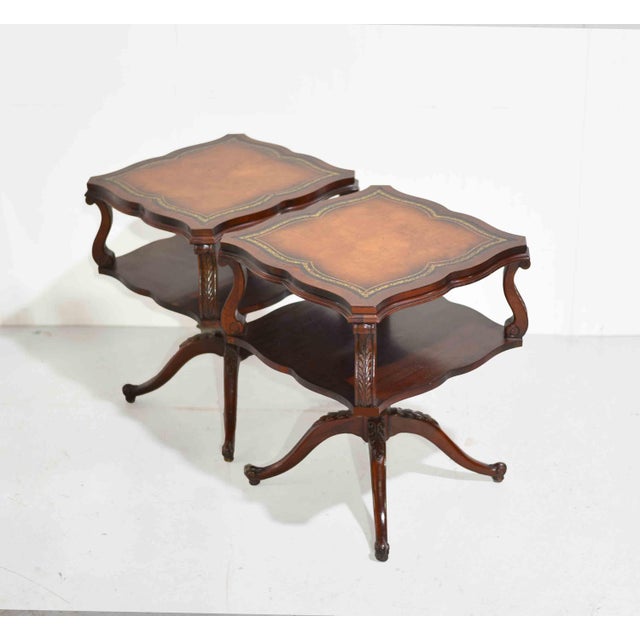 1950s Georgian Revival Leather Mahogany Occasional Tripod Tables by Venice Furniture Novelty Manufacturing Co.Chicago For Sale - Image 10 of 13