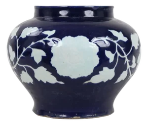 20th-Century Chinese Cobalt Blue-Glazed General Jar With Carved White Peonies