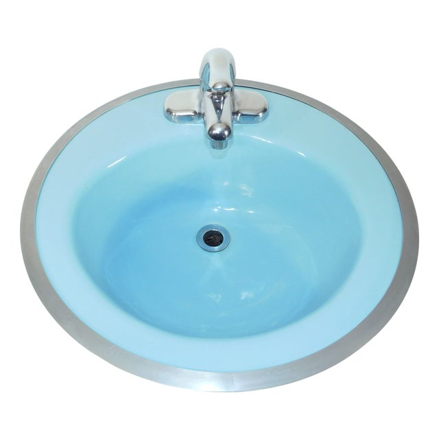 1964 Vintage Rheem Regency Blue Drop-in Porcelain & Cast Iron Sink With Hudee Ring For Sale