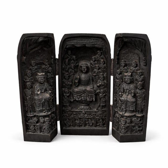 Vintage Hand-Carved Wooden Buddhist Triptych Shrine For Sale - Image 9 of 9