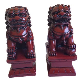 Vintage Asian Chinese Cinnabar Red Style Foo Dog Lion Temple Altar Bookend Pair For Sale