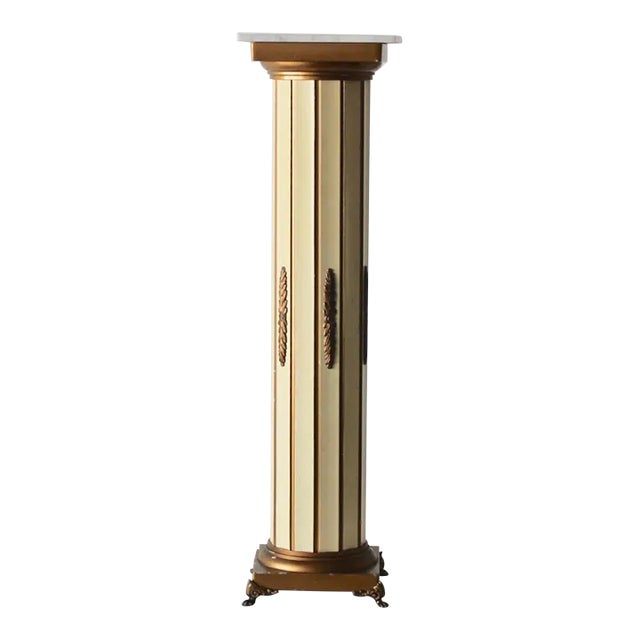 Vintage Italian Neoclassical Style Metal Marble Cream Gold Finish Column Pedestal For Sale