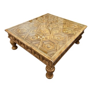 1990s Attributed to Bernhardt Traditional Brown Wood Geometric Carved Coffee Table For Sale