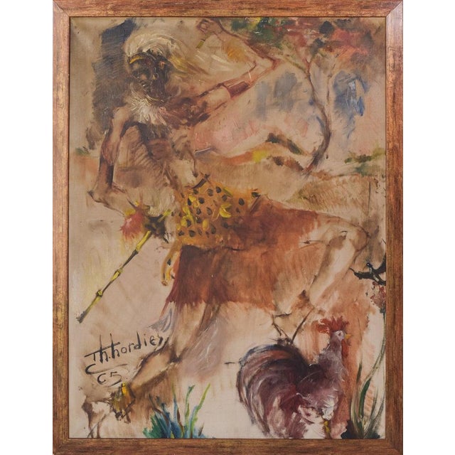 African Dancing Warrior with Cockerel, Mid-20th Century, Oil on Canvas For Sale - Image 3 of 13