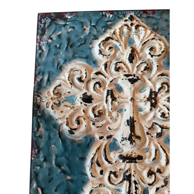 Off-white Distressed Teal & Ivory Fleur-De-Lis Metal Wall Art – 14” X 19” For Sale - Image 8 of 10