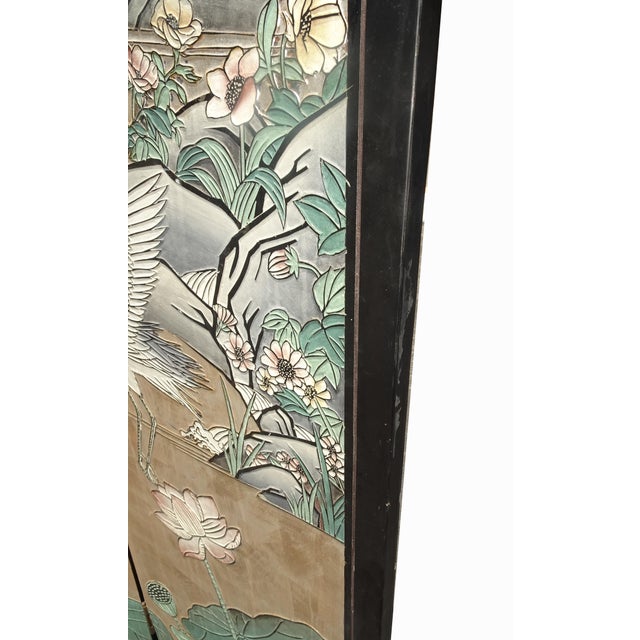 Silver Vintage Silver Chinese Asian Six Panel Screen ~ Room Divider W Heron Birds For Sale - Image 8 of 18