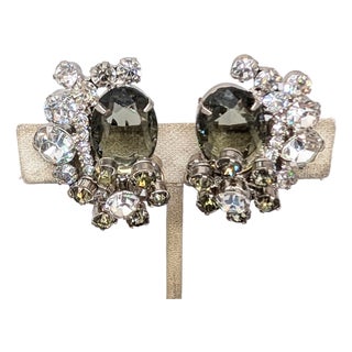 Vintage 1960s Verified Delizza & Elster Faux-Black Diamond & Clear Rhinestone Clip Earrings-2 Pieces For Sale