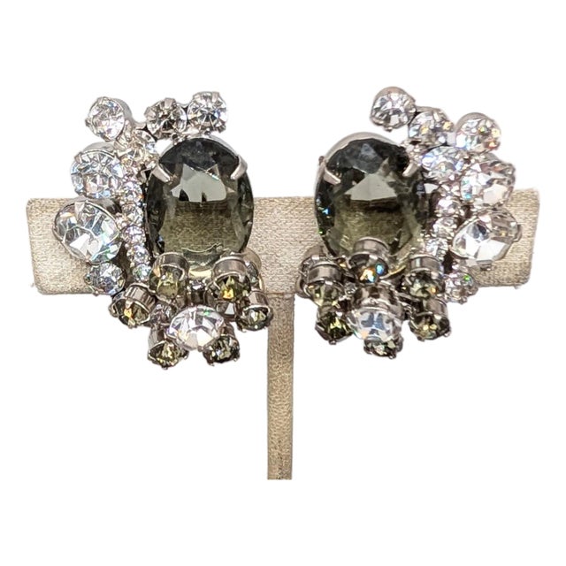 Vintage 1960s Verified Delizza & Elster Faux-Black Diamond & Clear Rhinestone Clip Earrings-2 Pieces For Sale