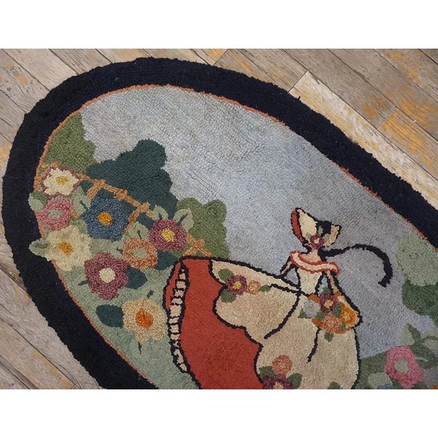 Notable Oval Sky Blue Color, With a Lady and Unique Floral Design Antique American Hooked Rug For Sale - Image 4 of 10