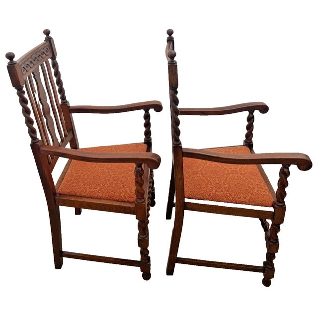 Early 20th Century Pair of Antique Jacobean Revival Barley Twist Oak Armchairs Rust & Gold Damask For Sale - Image 5 of 13