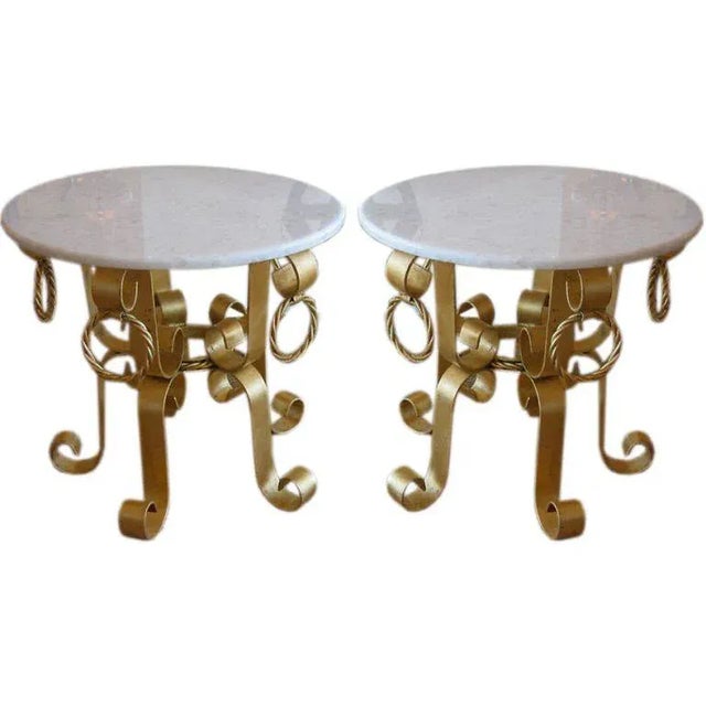Vintage Italian Gold Leaf Gilded Iron and Marble Top End or Side Tables 60's Pair of Restored For Sale - Image 11 of 11