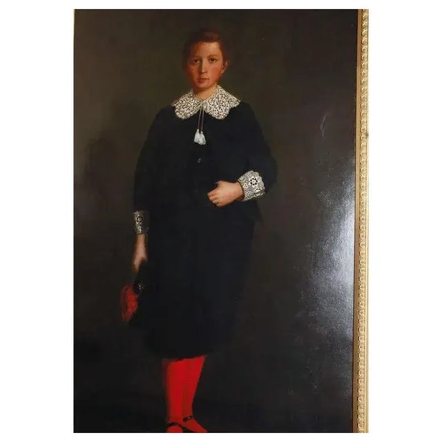 Beautiful, early 19th century, oil on canvas painting of a French noble boy in a luxurious, two-piece, velvet suit trimmed...