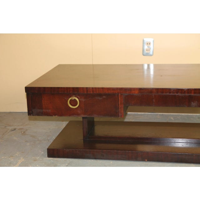 Great mahogany Cubist style coffee table from Lane with draw and brass pull. Marked Lane Altavista, VA in draw.