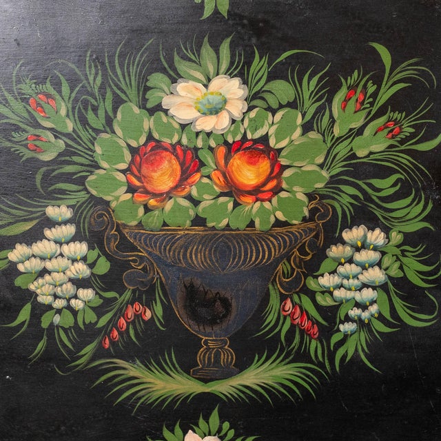 Late 19th Century Scolled edge hand painted black lacquer tole tray.