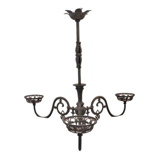 19th C. Cast Iron 3 Light Kerosene Oil Gas Lamp Chandelier Light Fixture Antique Victorian For Sale