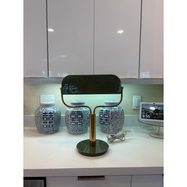 Restoration Hardware Contemporary Army Green Lacquer Brass Modern Banker Desk Lamp For Sale - Image 4 of 16