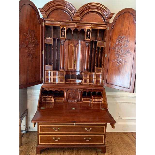 Formal Regency secretary desk secretaire bookcase with hand-carved details featuring a breakfront cabinet with a drop-down...