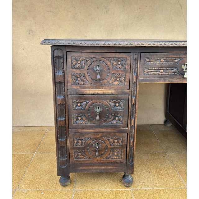 Antique Spanish Carved Oak Desk, 1910 For Sale - Image 9 of 10