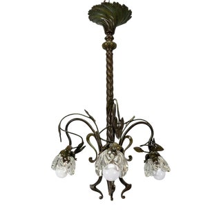 French Art Nouveau Bronze Chandelier with Clear Glass Botanical Shades, 1910 For Sale