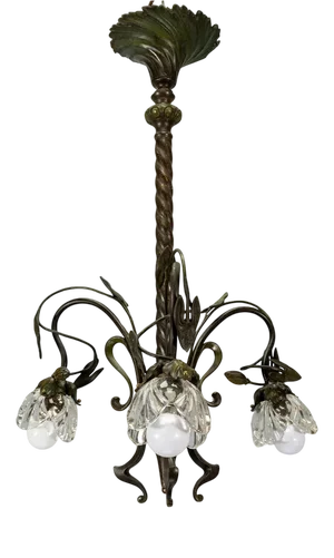 French Art Nouveau Bronze Chandelier with Clear Glass Botanical Shades, 1910