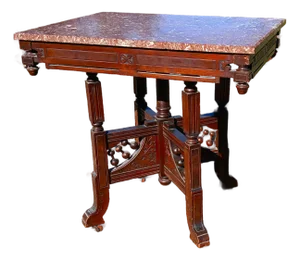Antique Victorian Eastlake Walnut Parlor Table Chocolate Marble Stick and Ball 1880s
