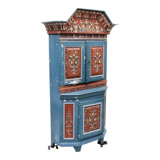 1700s Blue and Red Hand-Painted Swedish Folklore Cabinet For Sale