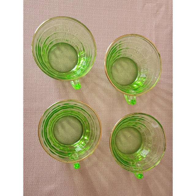 Early 20th Century Uranium Glass 4 Transparent Green Tea Cups With Gold Rim For Sale - Image 14 of 16