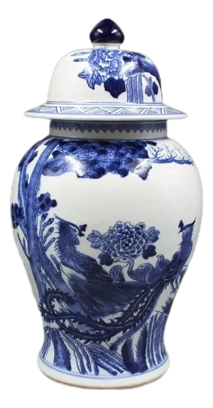 Antique Chinese Ceramic Pot Qing Dynasty Kangxi Marked Blue and White Porcelain Ginger Jar Hand Painted Phoenix and Poeny Pattern