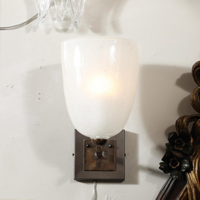 Pair of Modernist Hand-Blown Murano Glass Pulegoso Sconces in Oil Rubbed Bronze For Sale In New York - Image 6 of 17