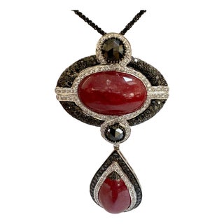 Vintage Large Pendant 40Ct Natural Ruby No Heat & Black & White Diamond 18KWG For Sale