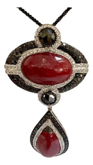 Vintage Large Pendant 40Ct Natural Ruby No Heat & Black & White Diamond 18KWG