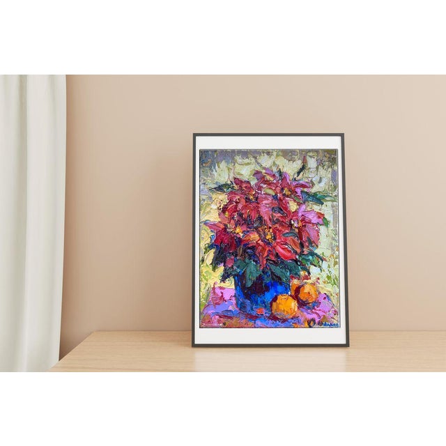 The oil painting titled ""Christmas Flower"" bursts with the vibrant energy and warmth of the festive season, centering...