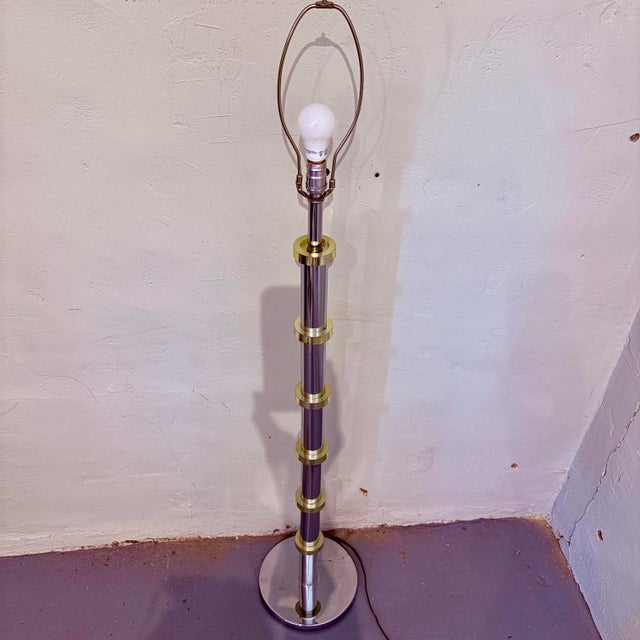 Vintage Modern Chrome & Brass-Toned Floor Lamp With Black Drum Shade For Sale - Image 4 of 11