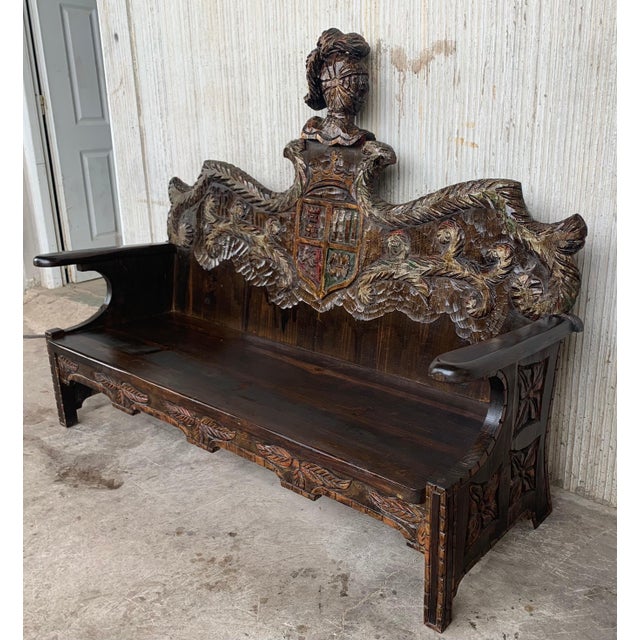 Early 20th Century Spanish Polychromed Hand Carved Oak Settee or Park Bench For Sale - Image 17 of 18