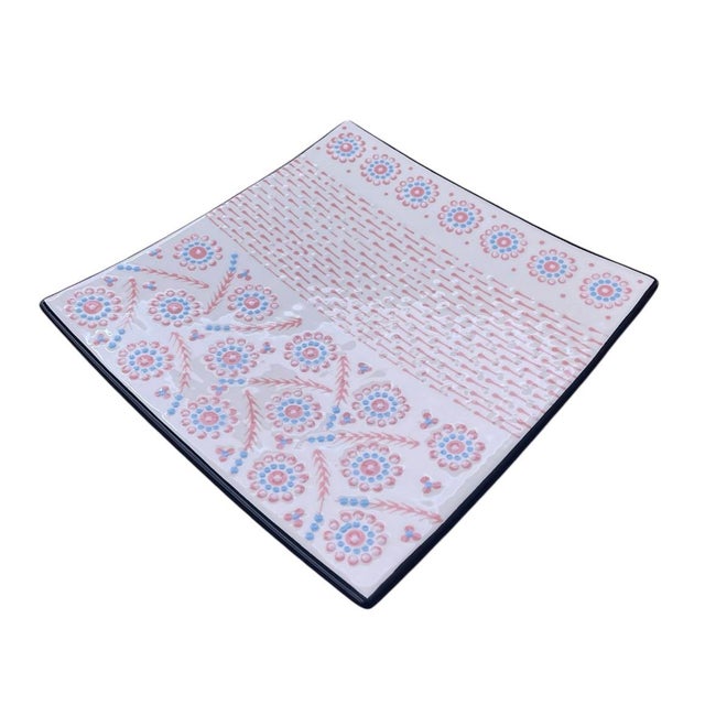 African Vintage South African Square Ceramic Serving Platter – Pink & Light Blue Bohemian Dotted Floral Design For Sale - Image 3 of 12