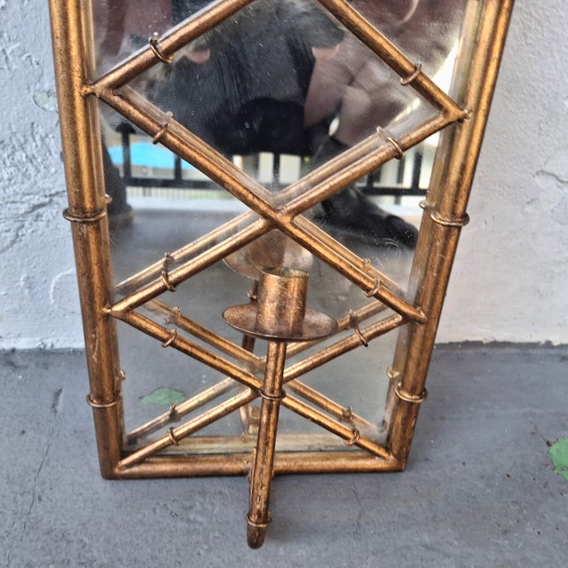 1940's Hollywood Regency Heavy Gilt Iron Faux Bamboo Wall Mirror Candle Accent For Sale - Image 12 of 12