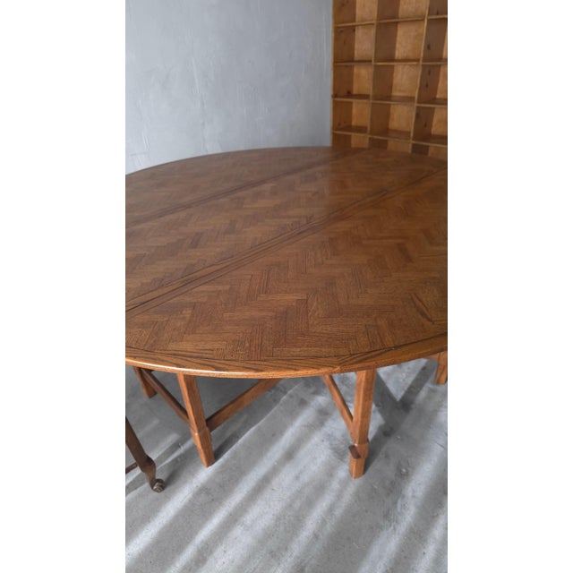 Brown 1980s 6ft Round Parquet Oak Drop Leaf Dining Table For Sale - Image 8 of 11