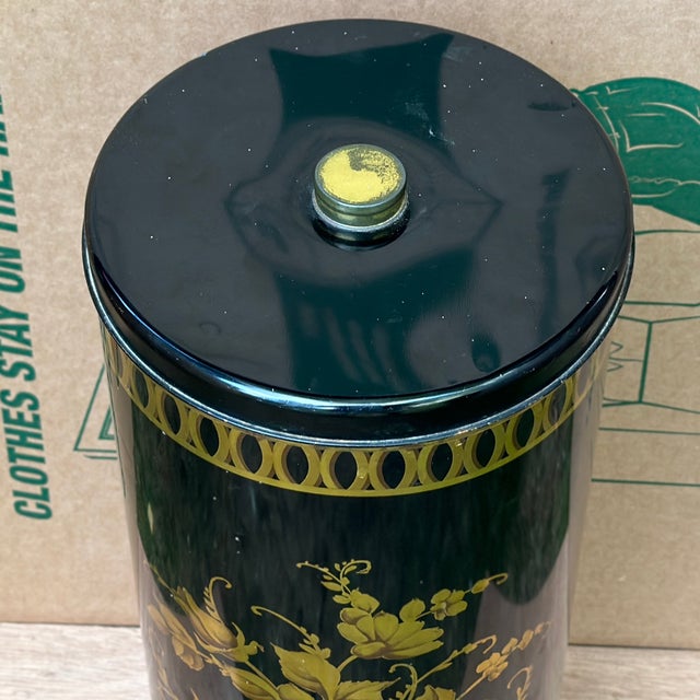 Vintage Hollywood Regency Black & Gold Floral Decoware Small Metal Hamper With Lid For Sale - Image 4 of 12