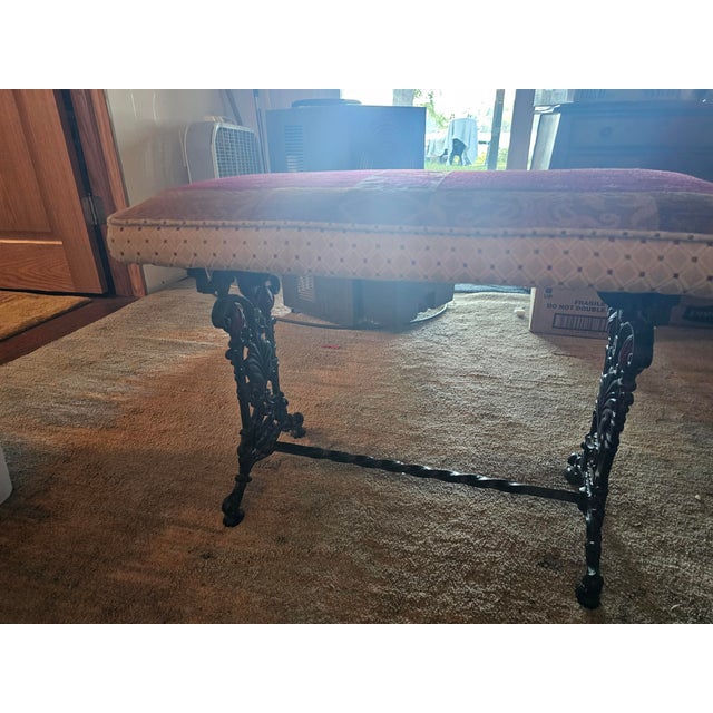 Antique 19th Century Victorian Ornate Cast Iron Parlor Bench With Patchwork Jacquard Cushioned Seat For Sale - Image 4 of 8