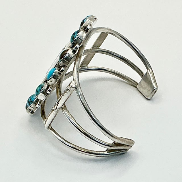 Turquoise 1970s Vintage Southwestern Dine’ Navajo Ben Touchine Turquoise & Sterling Large Cuff Bracelet - 7” For Sale - Image 8 of 11