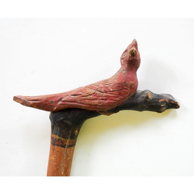 Vintage Hand Carved Folk Art Walking Cane With Red Bird For Sale - Image 4 of 9