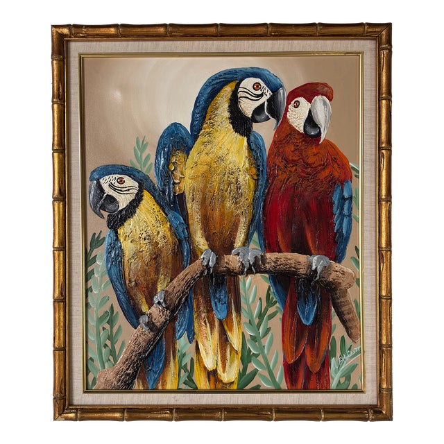 Vintage Frank Walcutt Tropical Parrots on Branch Acrylic on Canvas Painting, Framed For Sale