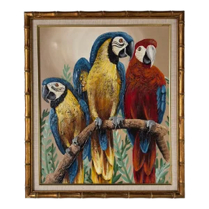 Vintage Frank Walcutt Tropical Parrots on Branch Acrylic on Canvas Painting, Framed