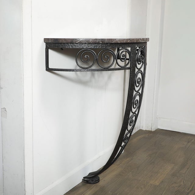 Art Deco Demilune Wrought-Iron Spiral & Noir St Laurent Marble Console Table For Sale - Image 13 of 17
