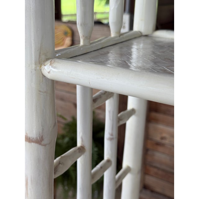 Vintage Coastal Distressed Bamboo Étagère Shelf With Cane Shelves For Sale - Image 4 of 12